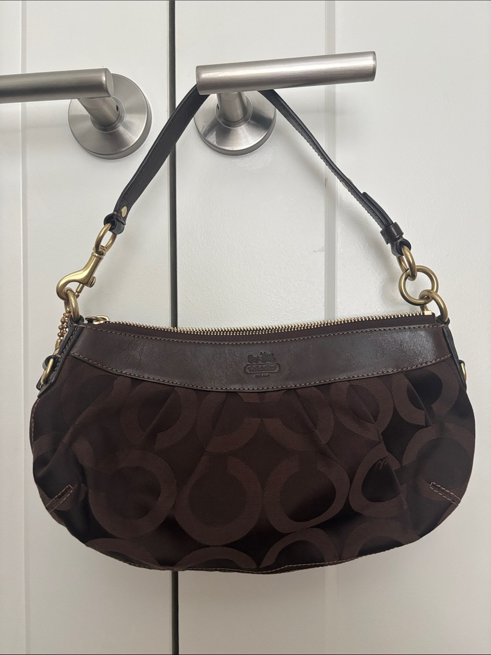 Coach Dark Brown Signature Shoulder Bag with Leather Trim